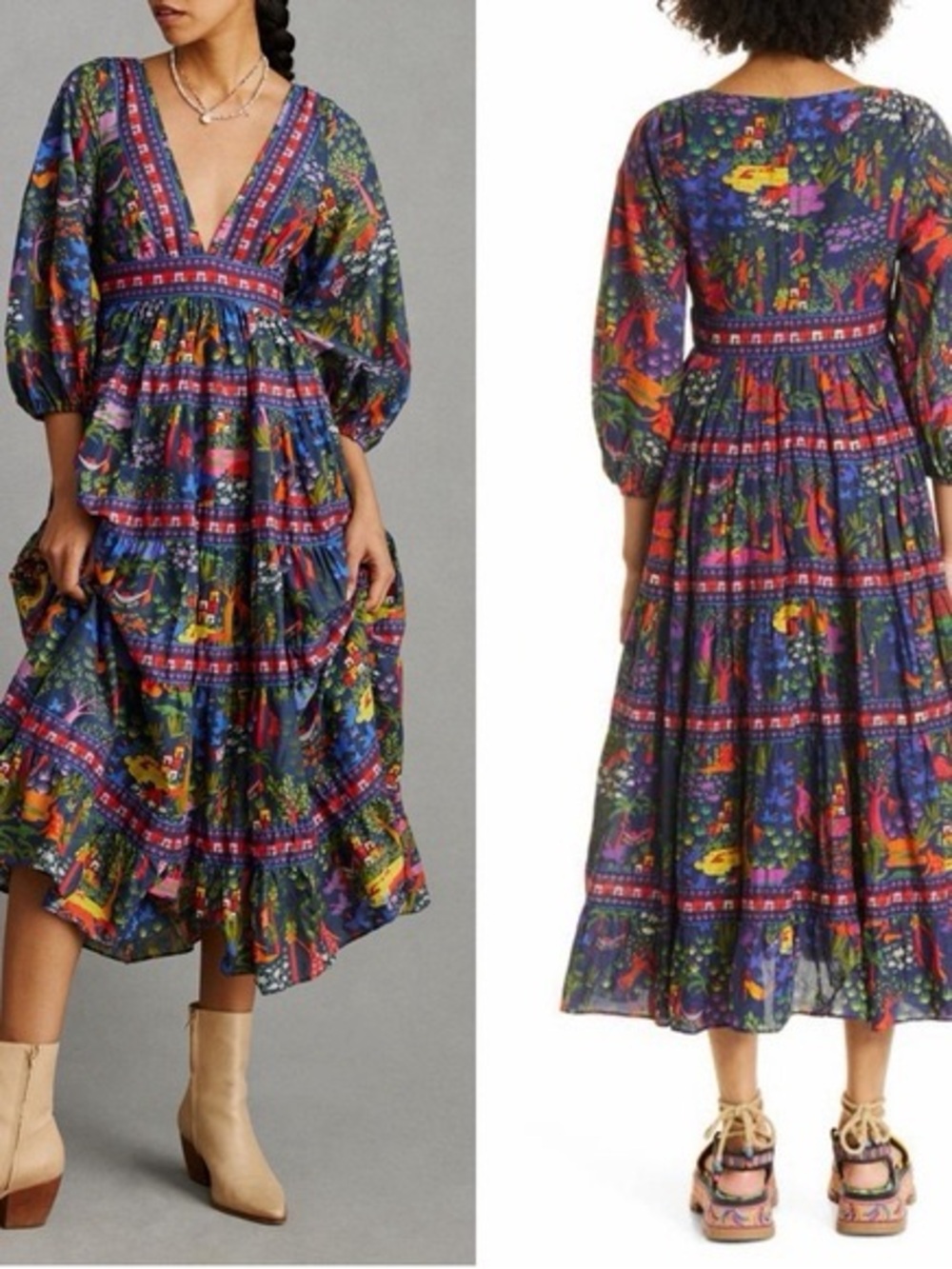 Farm Rio Utopia Puff Sleeve Tropical Midi Tier Dress NEW - Picture 2 of 11